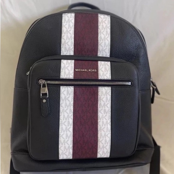 Michael Kors Hudson Logo Stripe Black Pebbled Leather Backpack NWT RARE - Picture 2 of 10